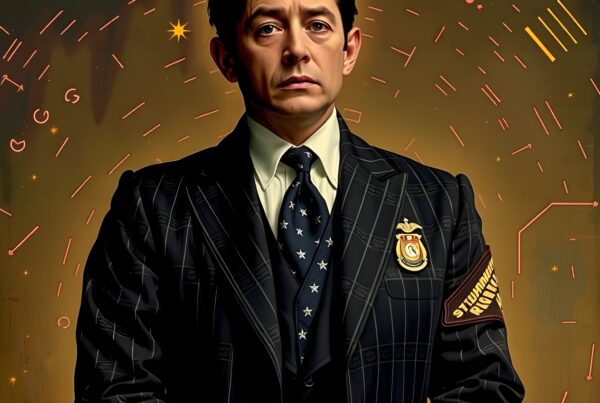 Man in a formal suit with cosmic-themed background elements, featuring professional attire and celestial motifs for an elegant, universe-inspired aesthetic.