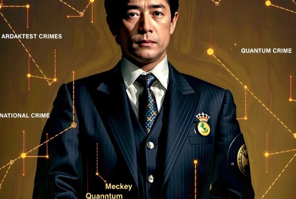 A serious man in a suit stands against a digital network background themed around "Quantum Crime."