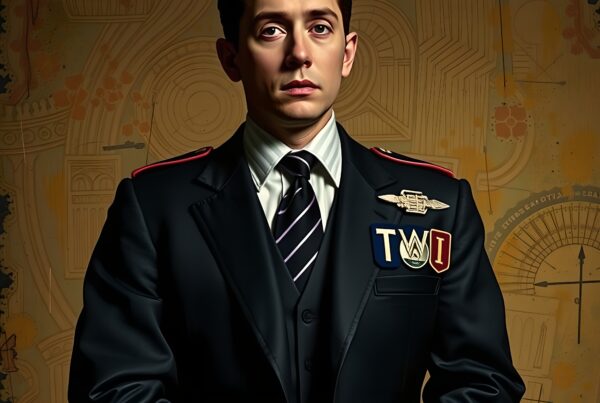 A young man in a formal military-style uniform with badges stands in front of an abstract background.