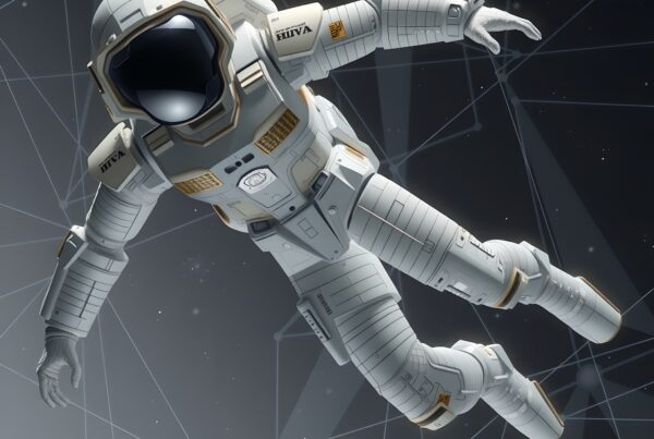 Astronaut in a detailed, futuristic suit floating in space.