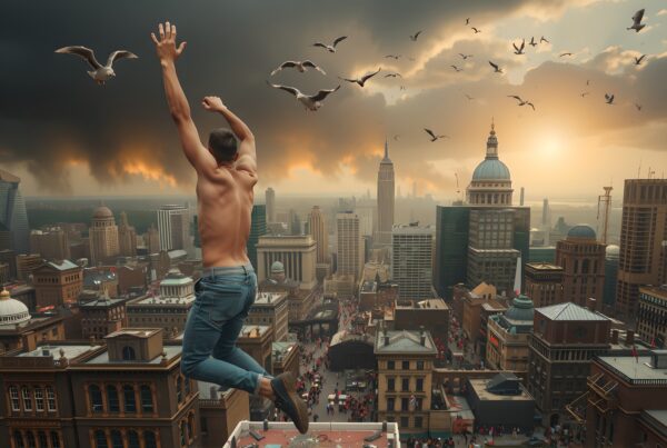 A shirtless man leaps toward the sky with birds flying above a bustling city at sunset.