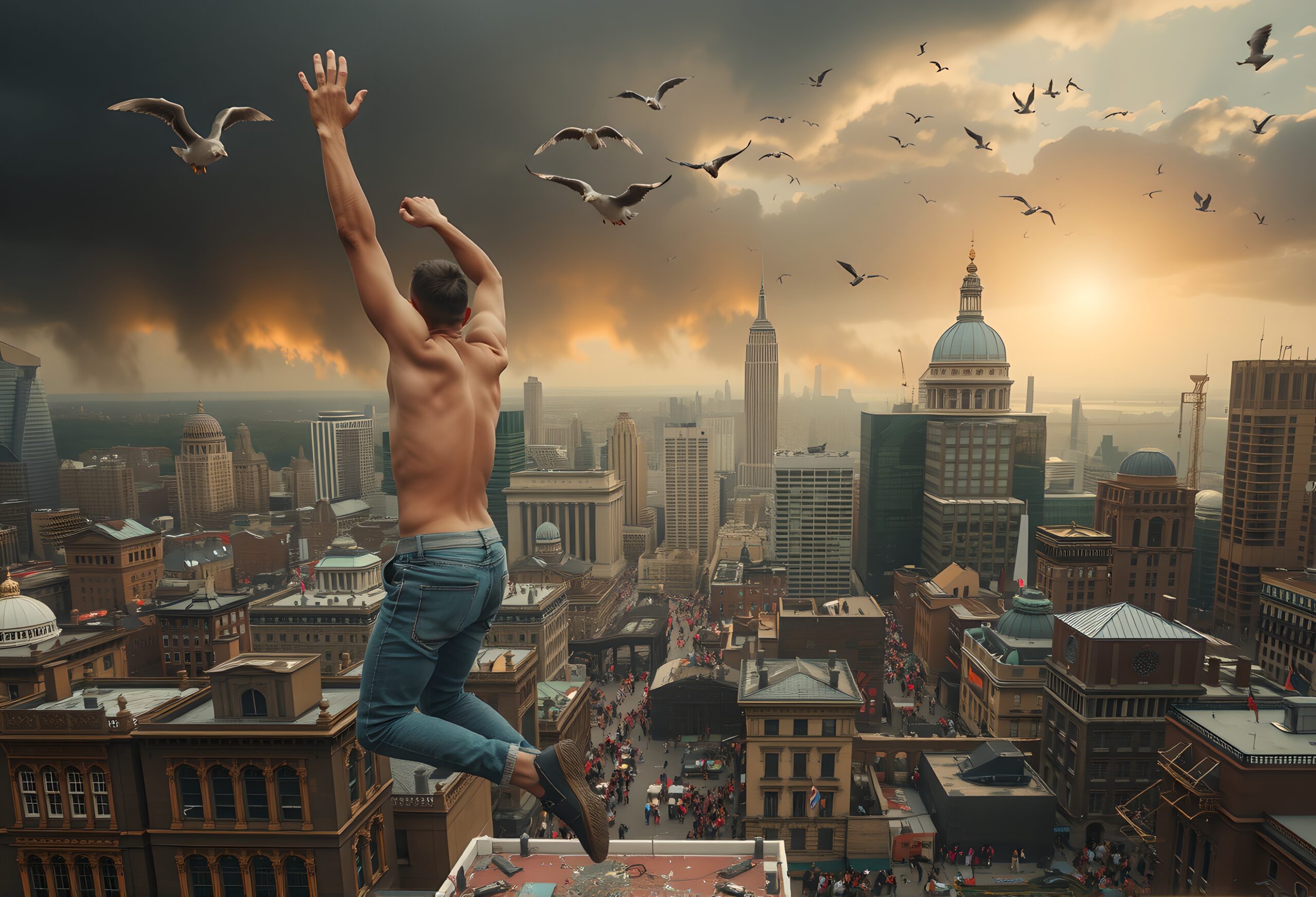 Daring Leap Over City Buildings