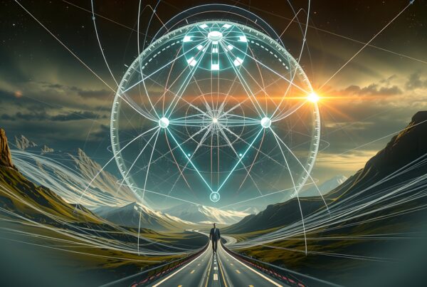 A lone traveler on a futuristic road under a massive geometric structure amidst a scenic mountain landscape.