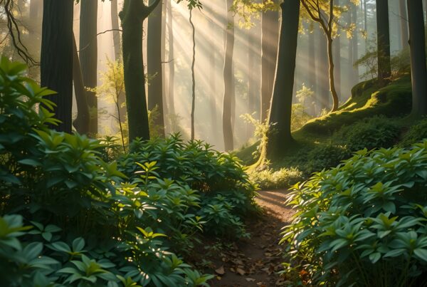 A sunlit forest path with golden morning beams filtering through tall trees and lush greenery.