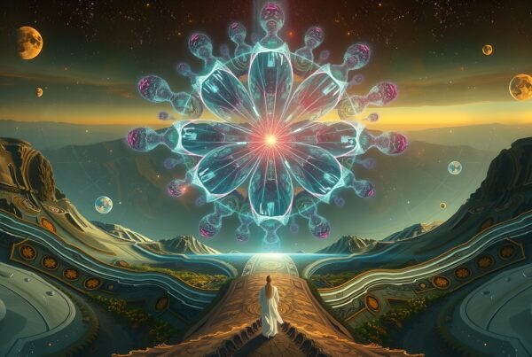 A surreal landscape with a glowing geometric shape, planets, and a lone figure under a starry sky.