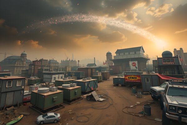 An urban scene with portable buildings and a dramatic sunset backdrop, featuring construction materials and historical architecture under a dynamic sky.