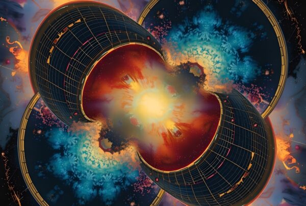 A cosmic scene with two spherical structures, vivid colors, and a radiant explosion creates a sense of cosmic mystery and wonder.