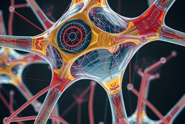 A detailed and colorful digital representation of futuristic neuron structures with geometric patterns on a dark background.