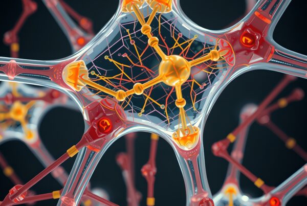 Detailed illustration of a futuristic neural network model with interconnected nodes in vibrant colors on a dark background.