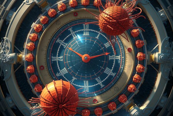 Futuristic clock with intricate design, orange orbs, and Roman numerals.