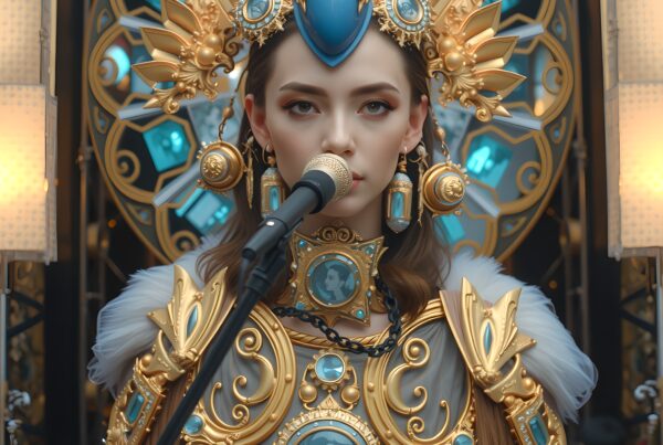 A woman in ornate futuristic attire with blue and gold elements sings into a microphone, set against a geometric patterned background.