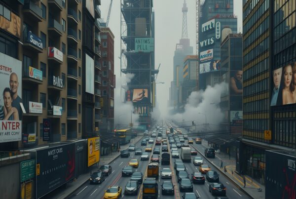 Bustling city street with cars and towering skyscrapers adorned with vibrant advertisements.
