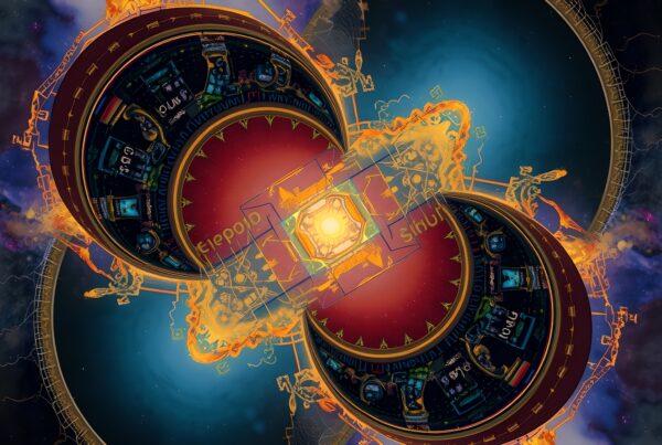 "Abstract cosmic machinery with glowing orb and intricate gears in vibrant colors."
