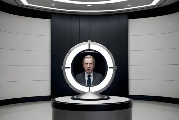 A futuristic room with a glowing circular portal highlighting a man in formal attire.