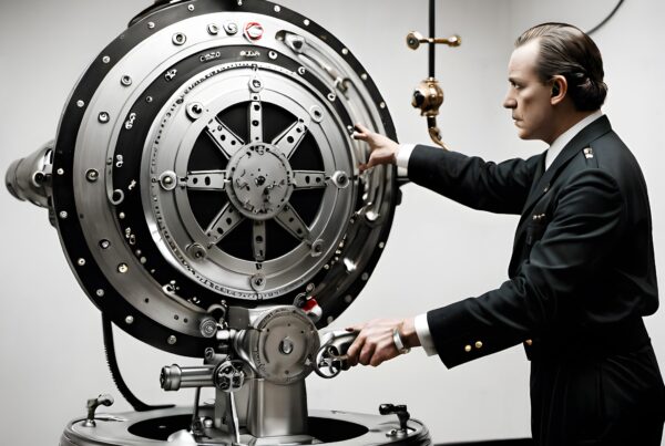 Man operating intricate vintage machine in historical industrial setting.