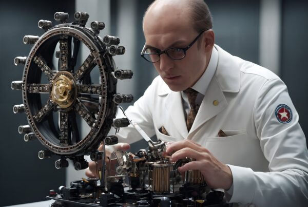 A focused scientist works on a complex mechanical device in a modern laboratory.