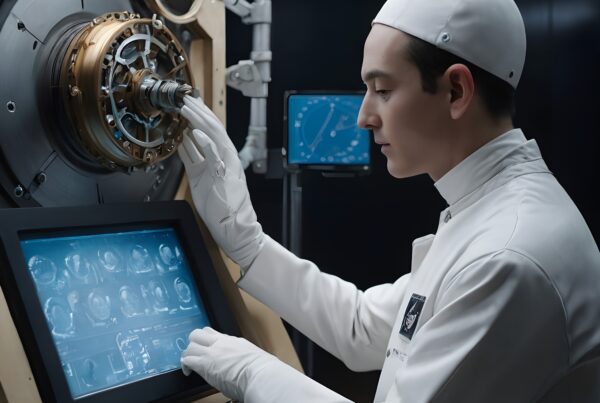 A scientist operates a high-tech machine in a futuristic laboratory, adjusting components with precision.