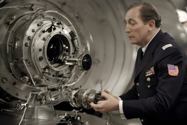 Military officer inspects complex machinery.