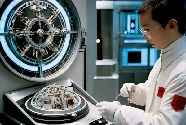 A scientist works in a futuristic laboratory with a glowing instrument, showcasing technology and precision.