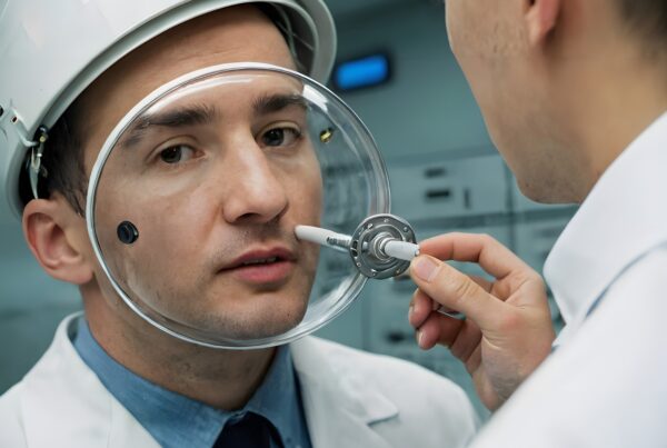Two engineers in lab adjusting equipment.