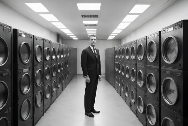 A man in a suit stands in a room with stacked washing machines.