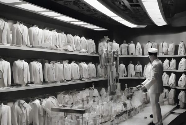 A futuristic room with white suits and a person in a lab-like setting.