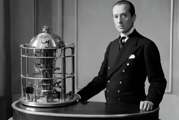 A distinguished man in formal attire stands beside a polished scientific instrument, showcasing vintage engineering in black and white.