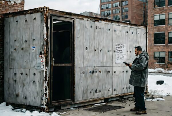 A man reads a paper attached to a metal structure resembling a climbing wall, with snow on the ground and buildings in the background.