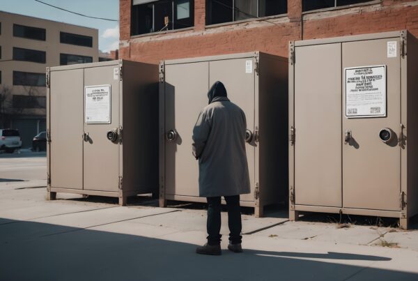 A person in a hooded jacket examines urban industrial lockers under sunlight against a brick building backdrop.