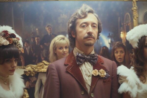 A man in a vintage suit surrounded by elegantly dressed women at a historical event.