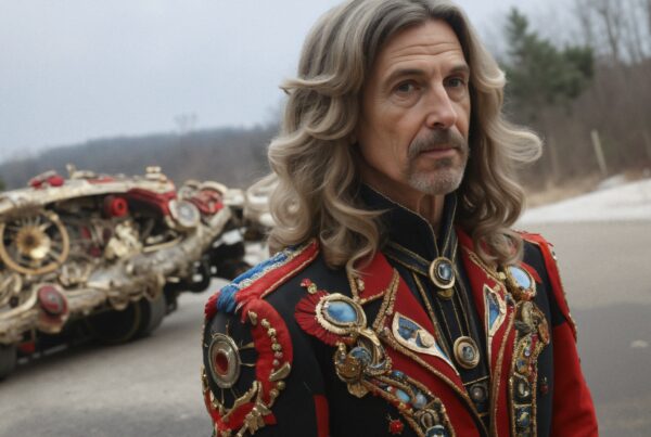 A man in ornate fantasy costume with gemstones and gears, standing outdoors, with a mechanical backdrop.