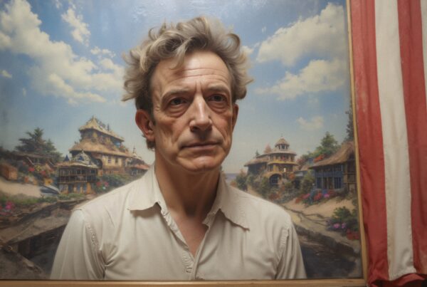 A person posing in front of a painting with village scenery.
