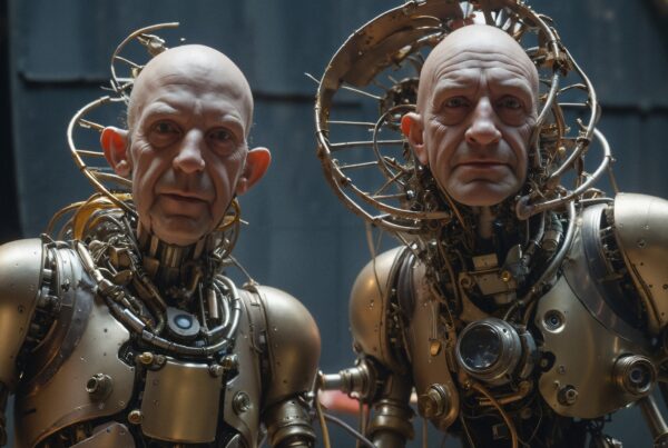 Intricate humanoid robots with lifelike features and detailed mechanics.