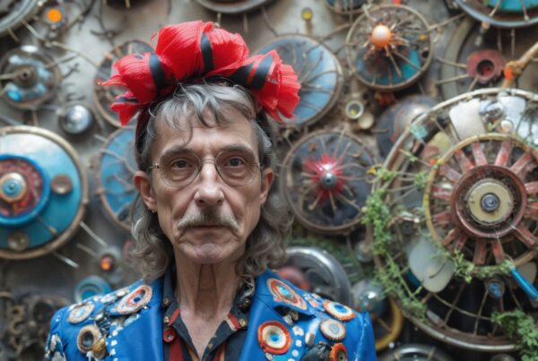 A man with a red bow stands before an artistic mechanical background with colorful decorative patterns.