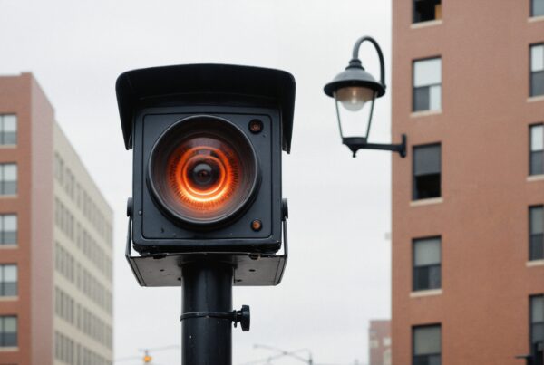 A unique urban traffic light with an orange glow against a city building backdrop.