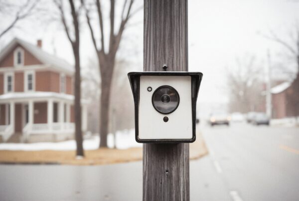A vintage camera on a utility pole in a snowy suburban scene with a red brick house in the background.