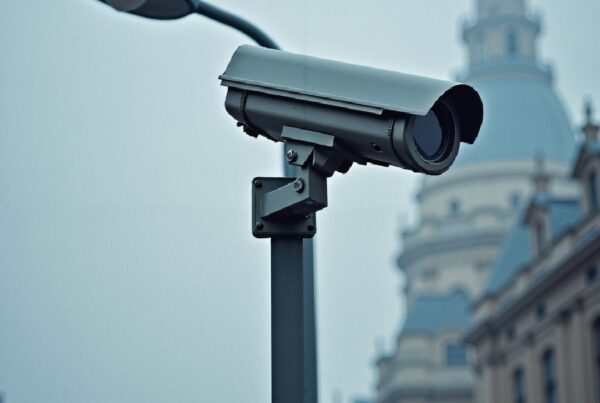 Vigilant surveillance camera in foggy urban historical setting.