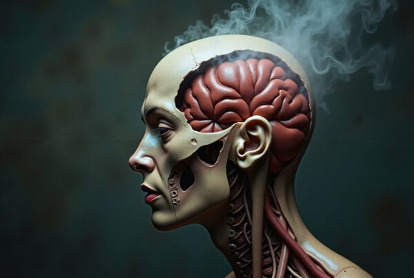 Artistic depiction of a human head with brain exposed and smoke surrounding, representing the fusion of anatomy and mechanics.