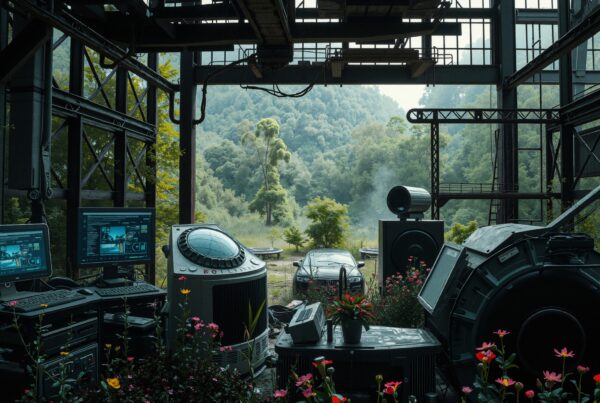 A futuristic industrial workspace with advanced technology and nature.