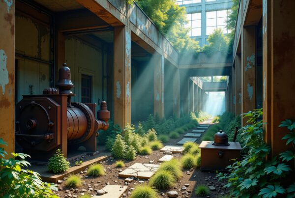 An abandoned industrial building now brimming with plants as sunlight beams highlight nature's reclamation.