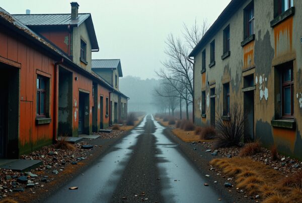 Image of two abandoned buildings along a foggy road, with peeling paint and overgrown vegetation, creating a haunting and mysterious atmosphere.
