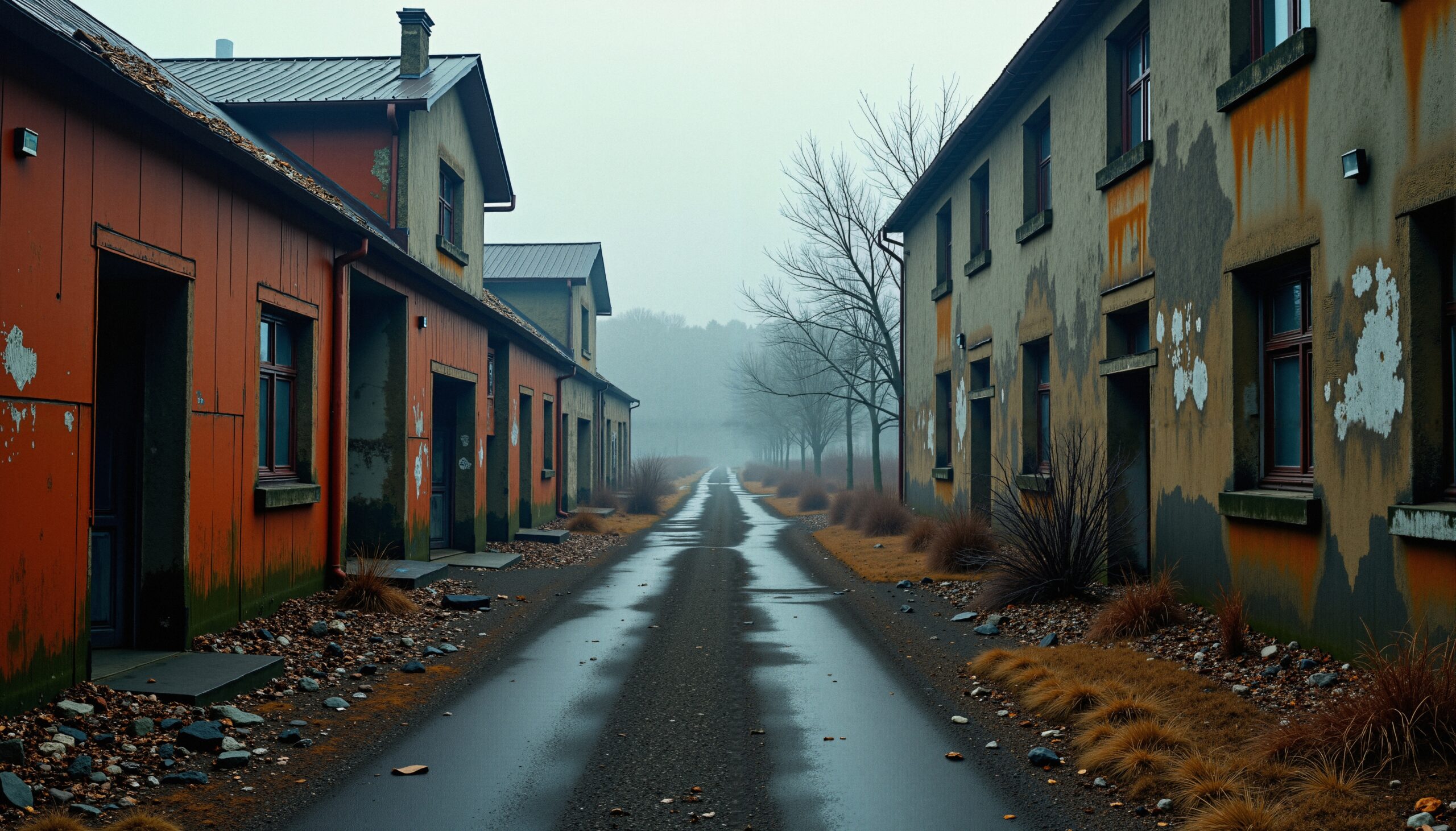 Abandoned Town Pathway in Fog