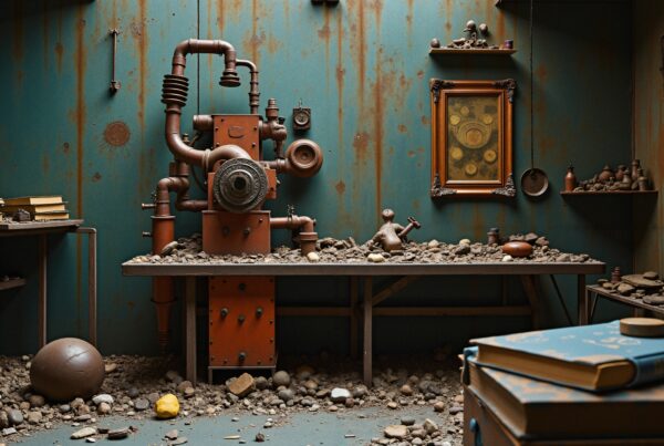 A steampunk room with a vintage machine, rusty textures, scattered stones, and celestial art.