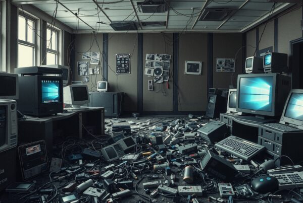 A dimly lit room filled with vintage electronics and tangled wires, featuring monitors displaying Windows and a chaotic retro ambiance.