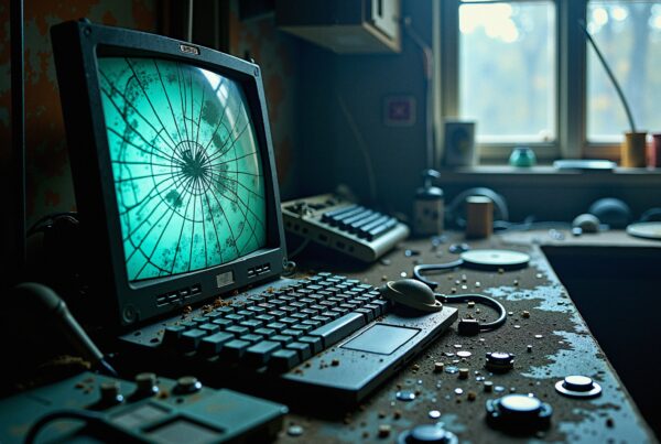 An abandoned desk with vintage computer, cracked screen, and scattered equipment illuminated by soft window light.