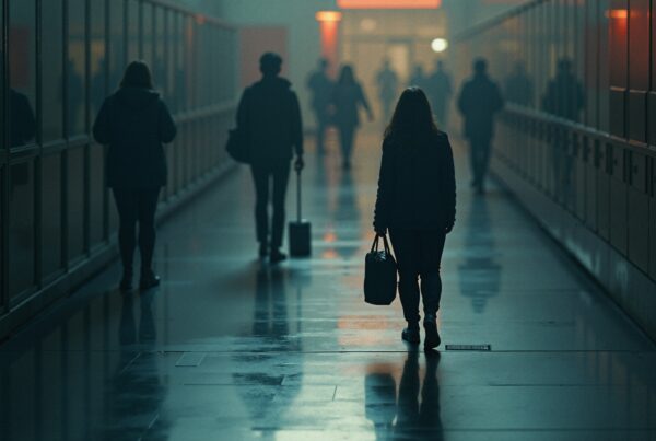Silhouetted figures walking in a dimly lit corridor.
