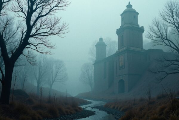A foggy landscape with an abandoned building, bare trees, and a winding stream.