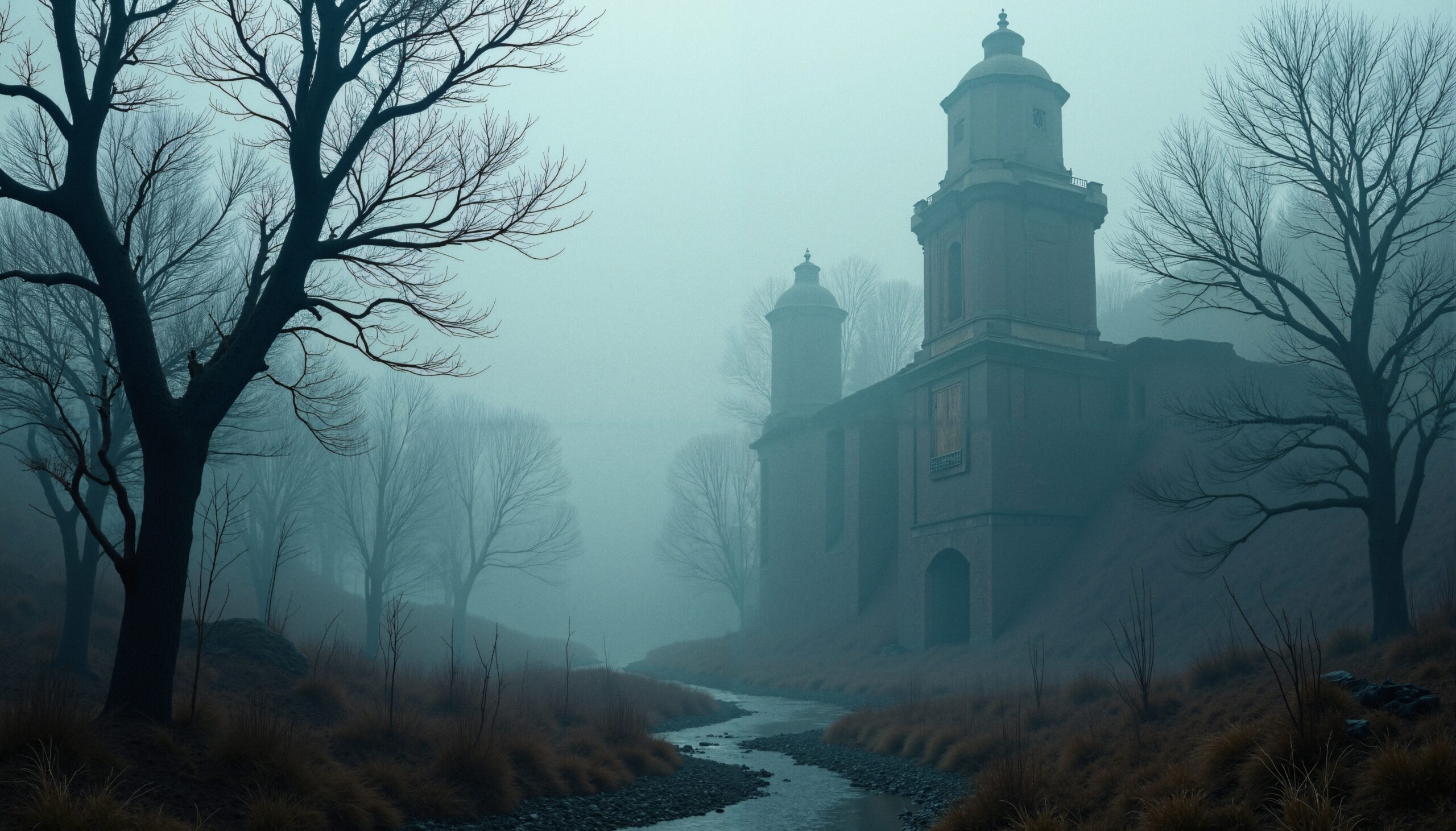 Mysterious Foggy Abandoned Building Scene