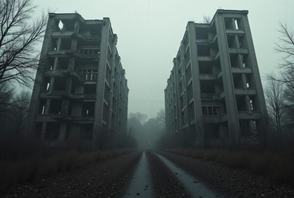Eerie scene of abandoned buildings in foggy landscape.