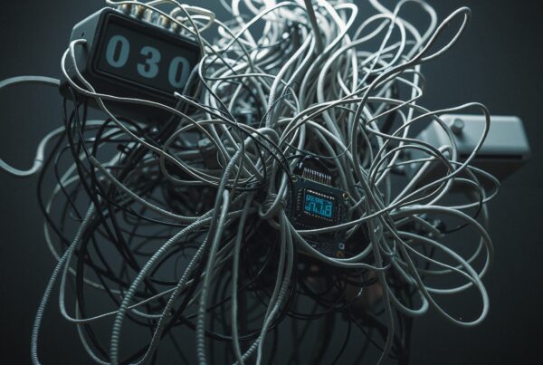 Tangled wires and digital counter amidst a dark background, emphasizing complexity and technology themes.